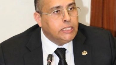 Man in a dark suit and tie speaking into a microphone at a formal meeting, wearing glasses and a lapel pin.