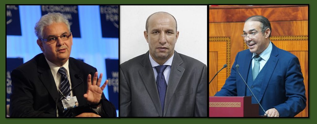 WhatsApp Image 2026-05-14 at 123851 | MCG24 | موقع إلكتروني مغربي شامل متجدد على مدار الساعة Triptych image of three men in suits giving talks: left panel shows a gray-haired man gesturing at a conference with blue banners, center panel a formal head-and-shoulders portrait in a gray suit, and right panel a man at a wooden podium smiling behind a microphone.