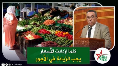 Collage of a colorful vegetable market on the left and a man speaking at a podium on the right; green Arabic caption banner and MCG24 logo visible.