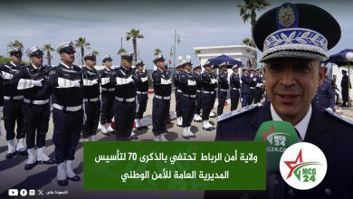 Row of uniformed guards standing in formation at a ceremony, with a reporter in a blue uniform speaking into a microphone in the foreground.