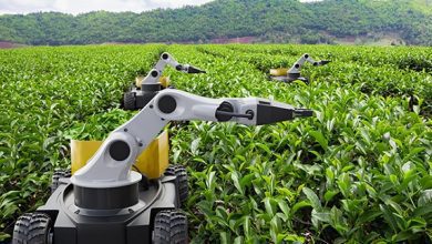 Autonomous farming robot with robotic arms tending a lush crop field in a wide open field.