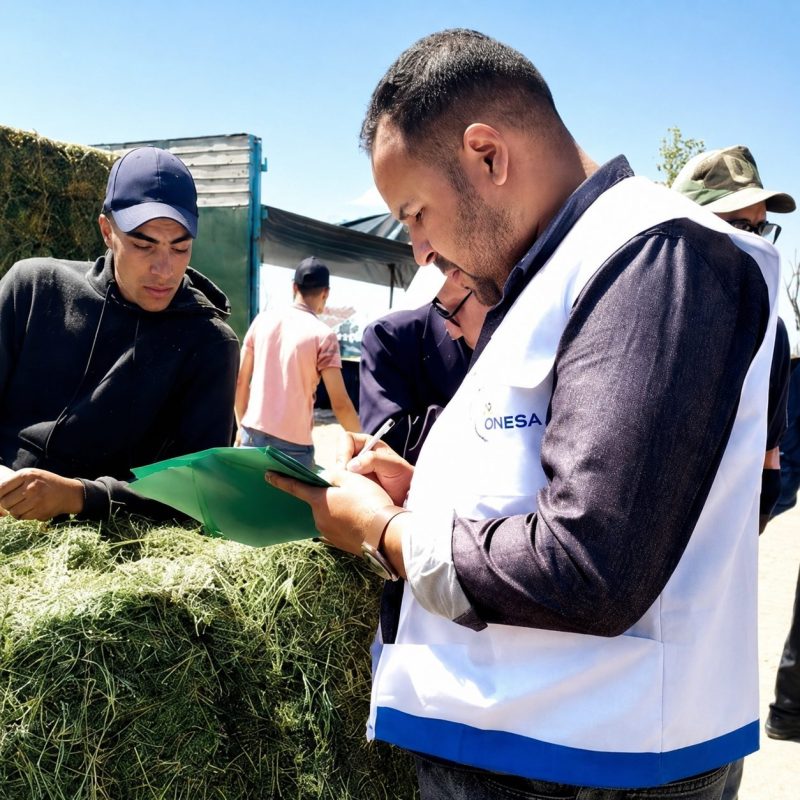 Volunteer in a white ONESA vest writes on a clipboard while another man holds a green folder outdoors near hay bales.