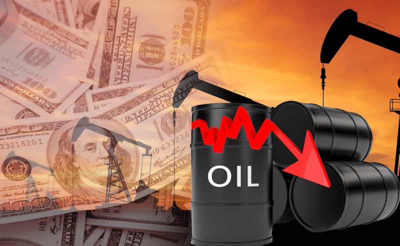 Oil barrels with a red downward trend arrow, an oil pump silhouette, and dollar bills in the background signaling falling oil prices.]
