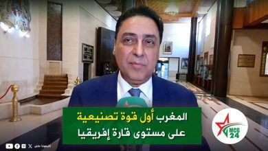 Male reporter in a blue suit speaks into a green microphone in a marble-lit lobby; a green Arabic headline banner and an MCG24 logo appear onscreen.