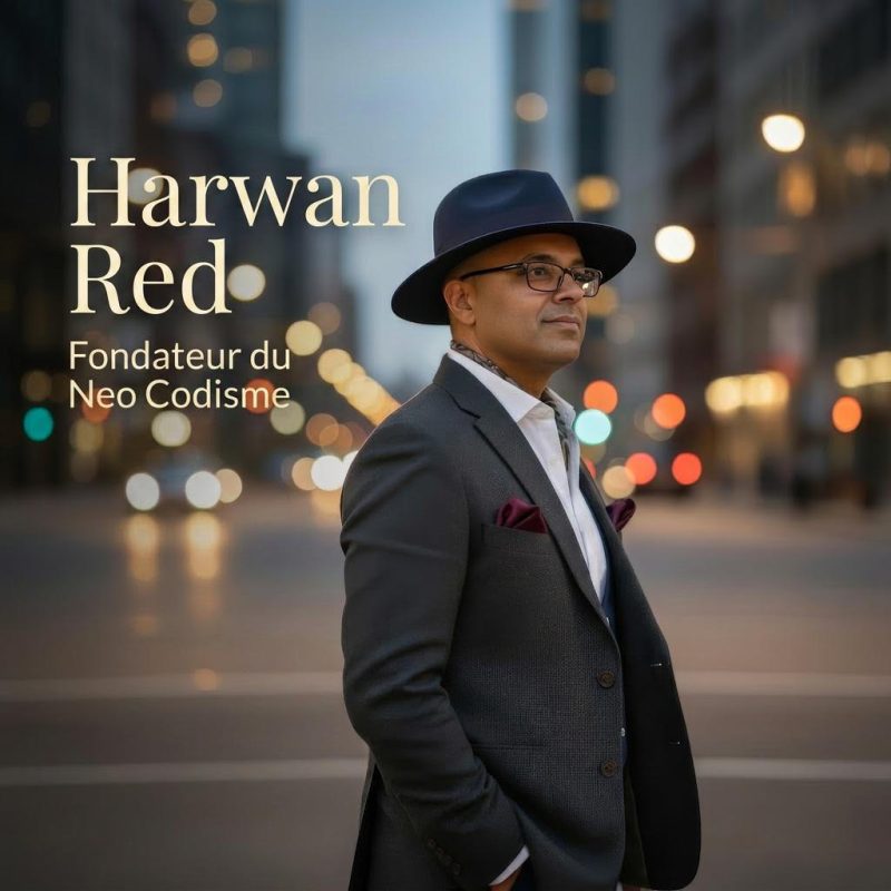 بروكسيل تحتضن ميلاد حركة فنية جديدة تعيد طرح سؤال الفن في العصر الرقمي Portrait of Harwan Red, founder of Neo Codisme, in a dark suit and fedora on a bustling city street at dusk with bokeh lights behind him.