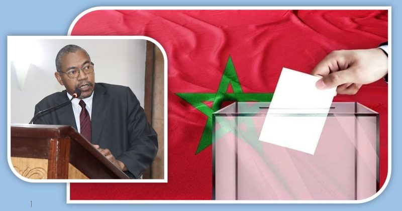 Election-themed collage: man in a suit speaks at a podium, while a hand places a ballot into a transparent ballot box in front of a Moroccan flag.