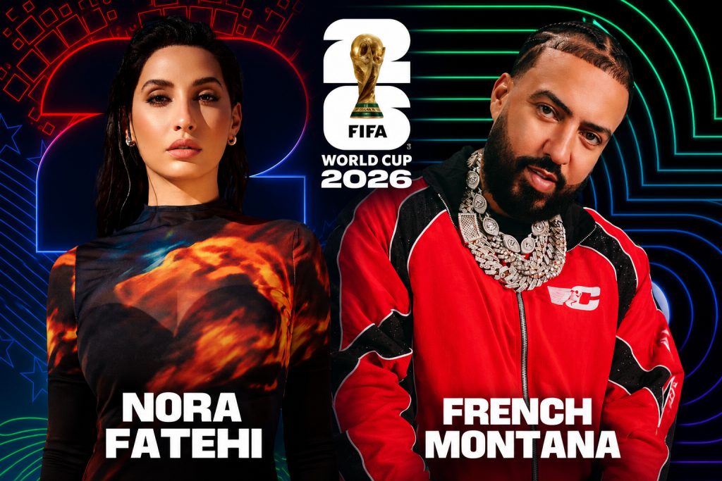 نورة فتحي وفرينش مونتانا ضمن الألبوم الرسمي لكأس العالم 2026 Promotional poster for FIFA World Cup 2026 featuring Nora Fatehi (left) and French Montana (right) with a neon, geometric backdrop and their names at the bottom.