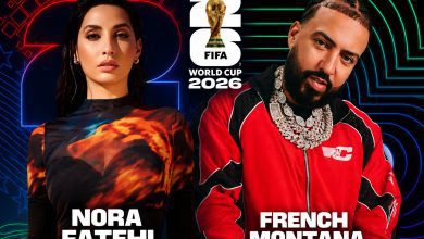 Promotional poster for FIFA World Cup 2026 featuring Nora Fatehi (left) and French Montana (right) with a neon, geometric backdrop and their names at the bottom.
