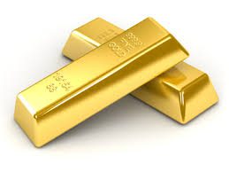 Two shiny gold bars stacked diagonally on a white background used as bullion.