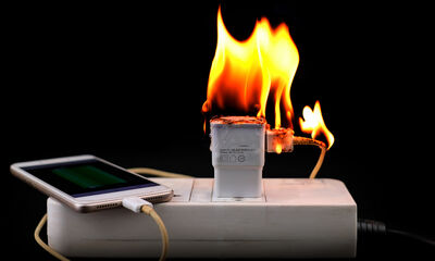 On fire Adapter smart phone charger at plug in power outlet | MCG24 | موقع إلكتروني مغربي شامل متجدد على مدار الساعة