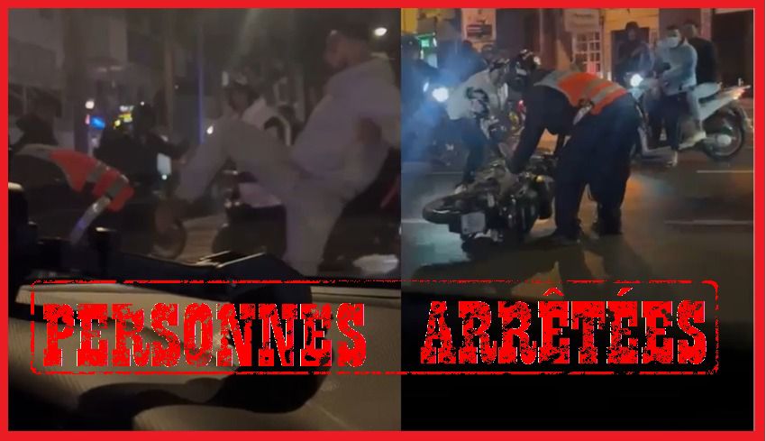صورة لعناصر شرطة في الدار البيضاء أثناء توقيف مشتبه فيهم في حادثة تتعلق بدراجات نارية.