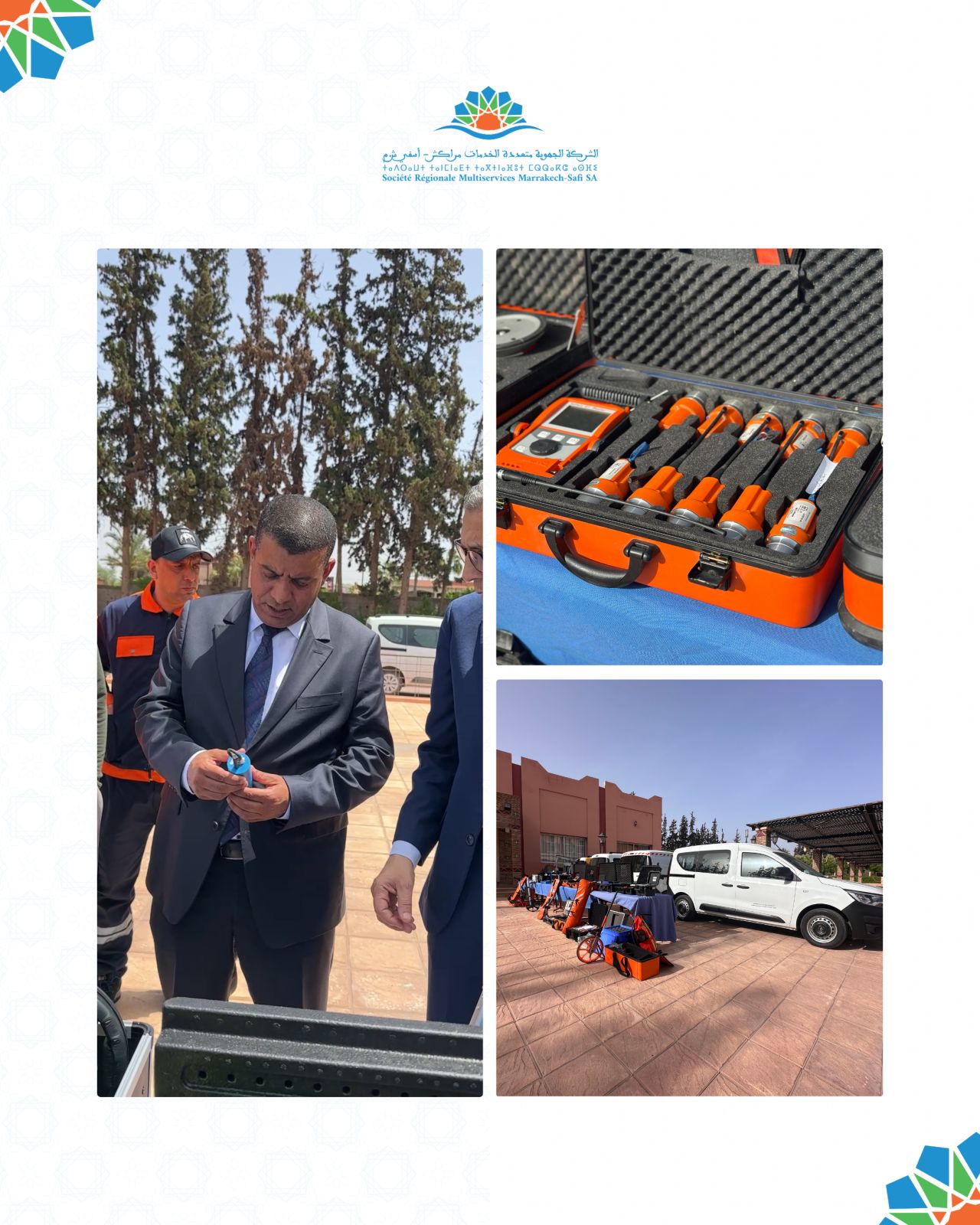 Group of professionals outdoors, a man in a suit examines a small blue device while two colleagues look on in the background.