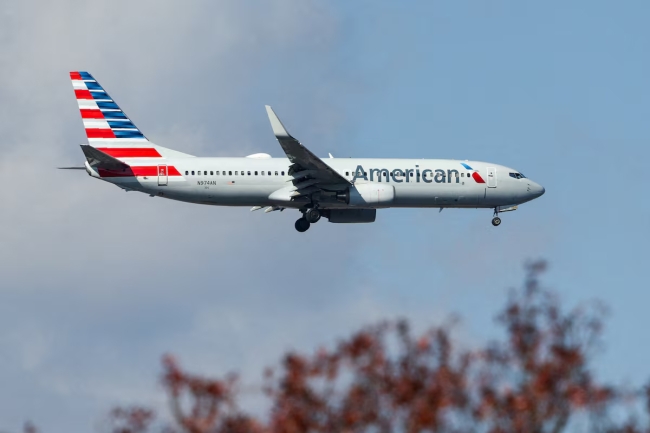 American Airlines jet in level flight, side view with the word American on the fuselage, blue sky background and blurred tree branches in the foreground.