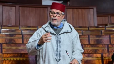 Man wearing a red fez and traditional gray robe speaks at a microphone in a wood-paneled legislative chamber.