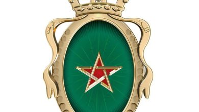 Golden royal crest with a crown atop a green oval shield, featuring a red star and the Arabic word 'الملك' at the bottom.