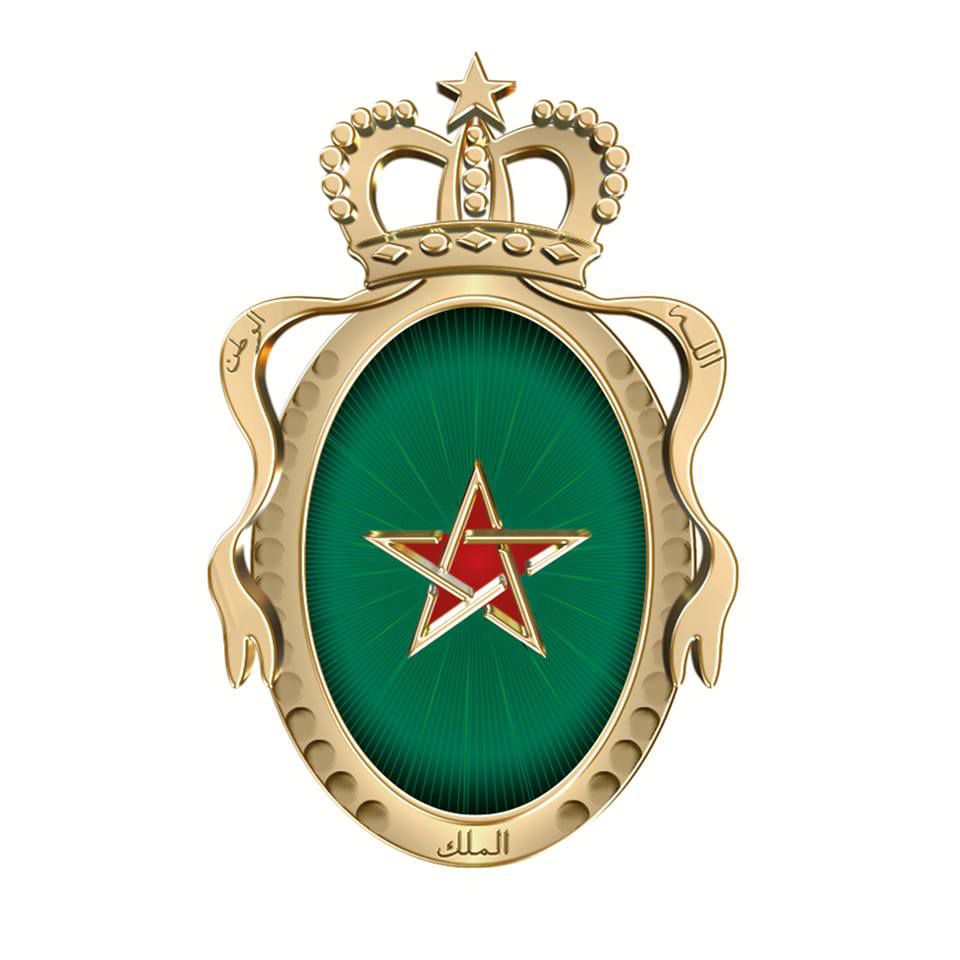 Golden royal crest with a crown atop a green oval shield, featuring a red star and the Arabic word 'الملك' at the bottom.