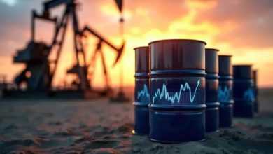 Oil barrels on a sandy surface at sunset, with a glowing stock chart line on the front barrel.