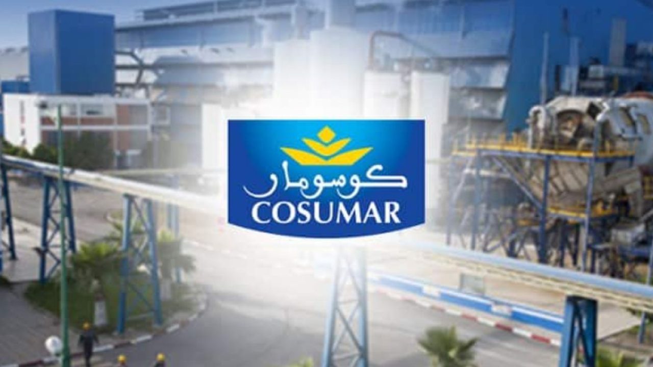 COSUMAR logo centered over a blue industrial facility background.