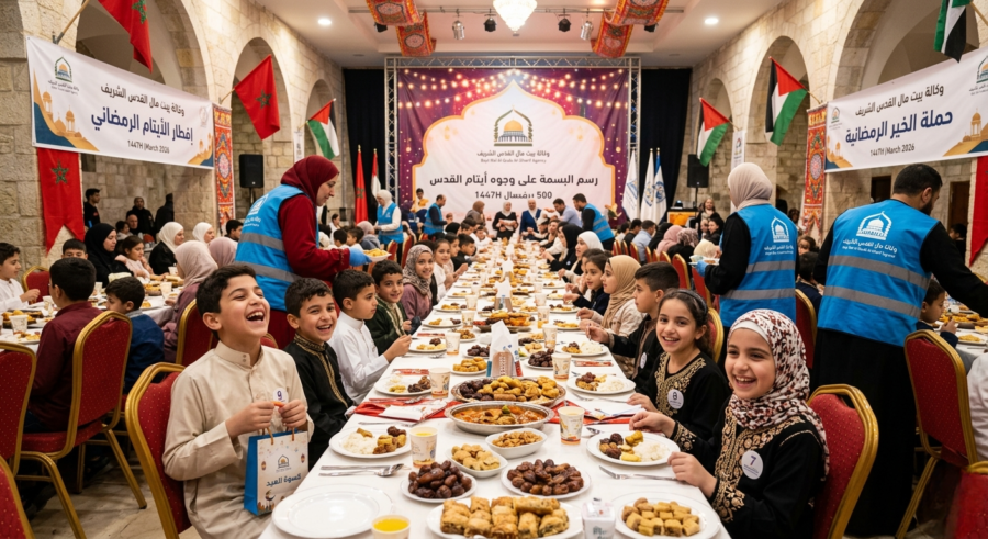 Children and adults sit along a long banquet table enjoying Ramadan iftar, with plates of pastries and drinks in a festively decorated hall.