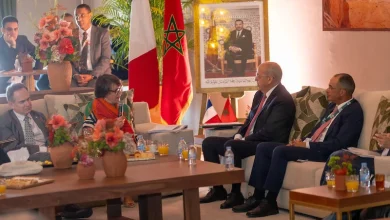 Diplomatic meeting in a living-room style room with flags, a large portrait, and officials seated on sofas around a coffee table with flowers.