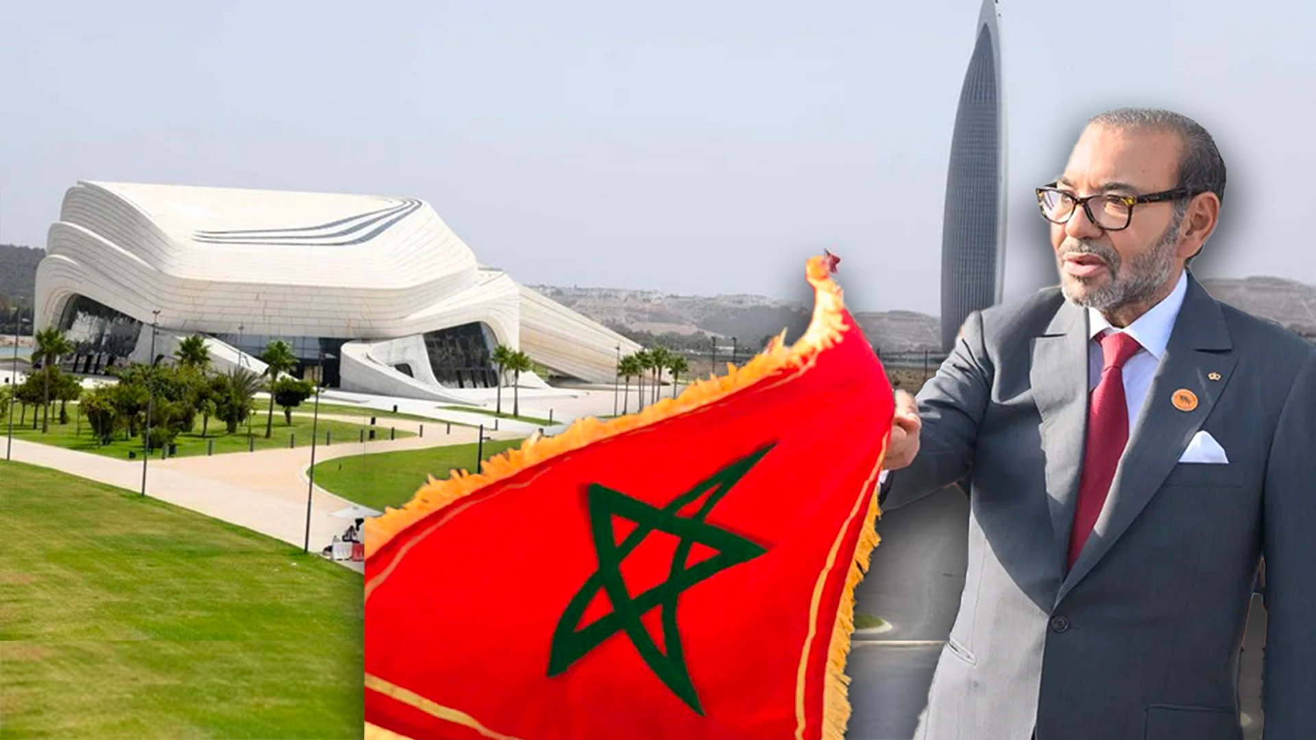 Modern white sculptural building with green lawn; a suited man holds a Moroccan flag in the foreground on the right.