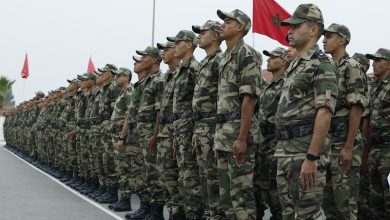 Line of soldiers in camouflage uniforms standing at attention during a parade, Moroccan flag in the background.