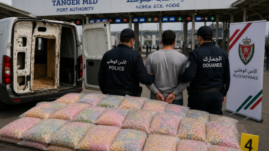 Two officers in uniform guard a handcuffed man at Tanger Med Port Authority, with a van door open and many colorful bags stacked in front.
