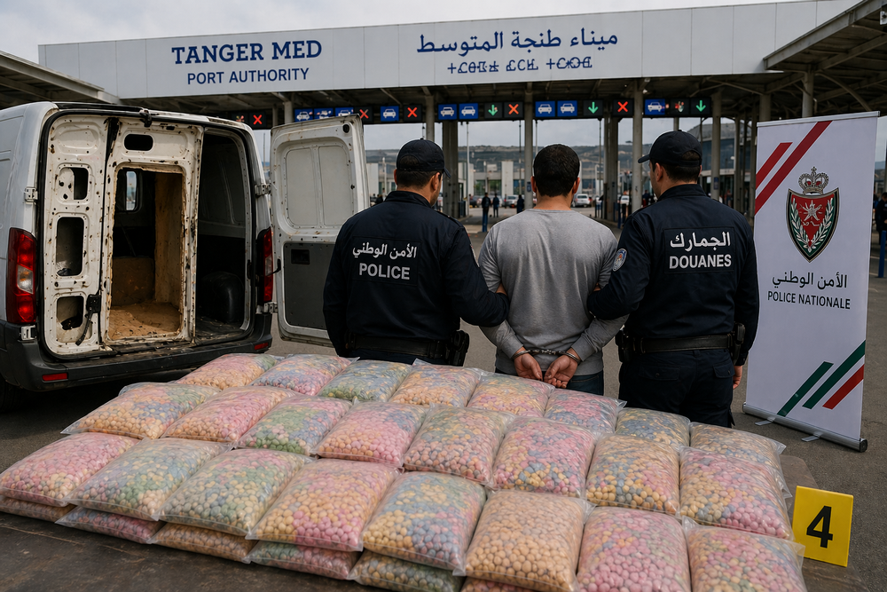 Two officers in uniform guard a handcuffed man at Tanger Med Port Authority, with a van door open and many colorful bags stacked in front.