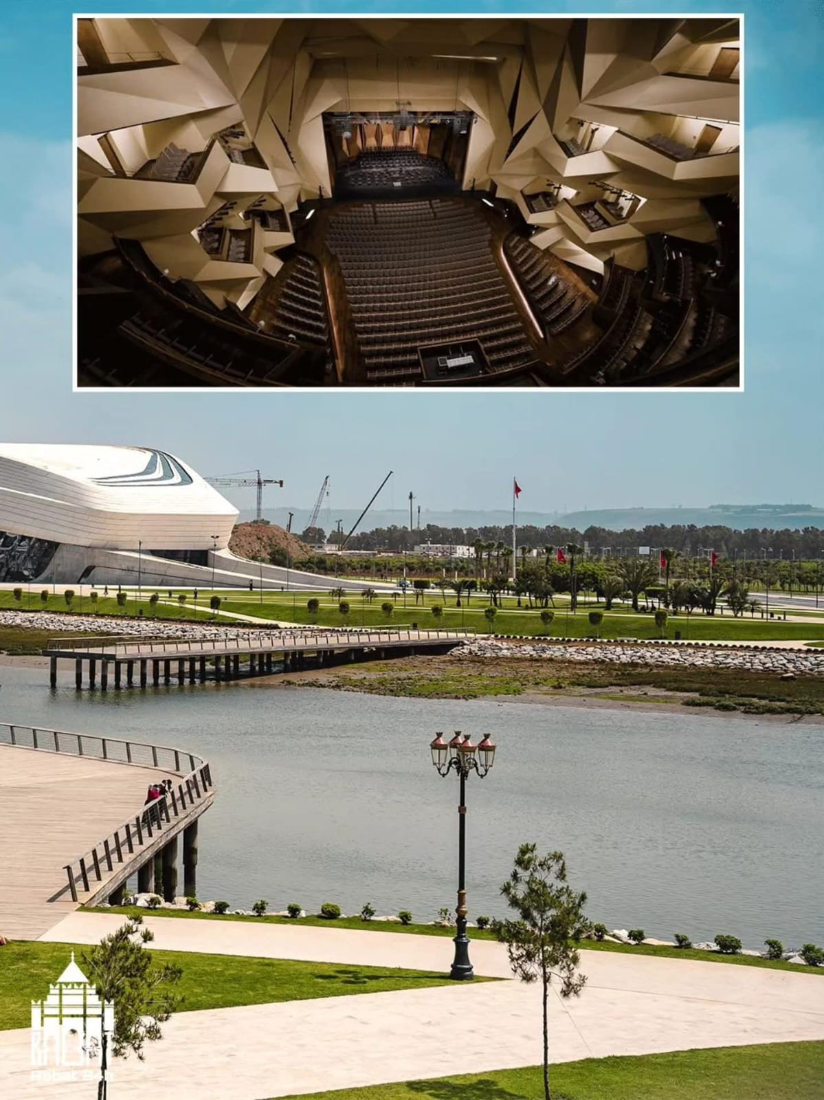 Exterior view of a waterfront park with a futuristic white building and boardwalk, and an inset showing a geometric-lit auditorium interior.
