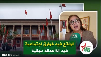 Thumbnail for a news video: a government building with red flags on the left and a rounded inset showing a woman speaking into a green mic, discussing social justice.