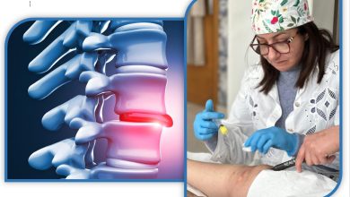 Two-panel image: a blue-toned 3D illustration of the spine with a red highlighted disc, beside a clinician in gloves treating a patient’s arm with a tool or marker.