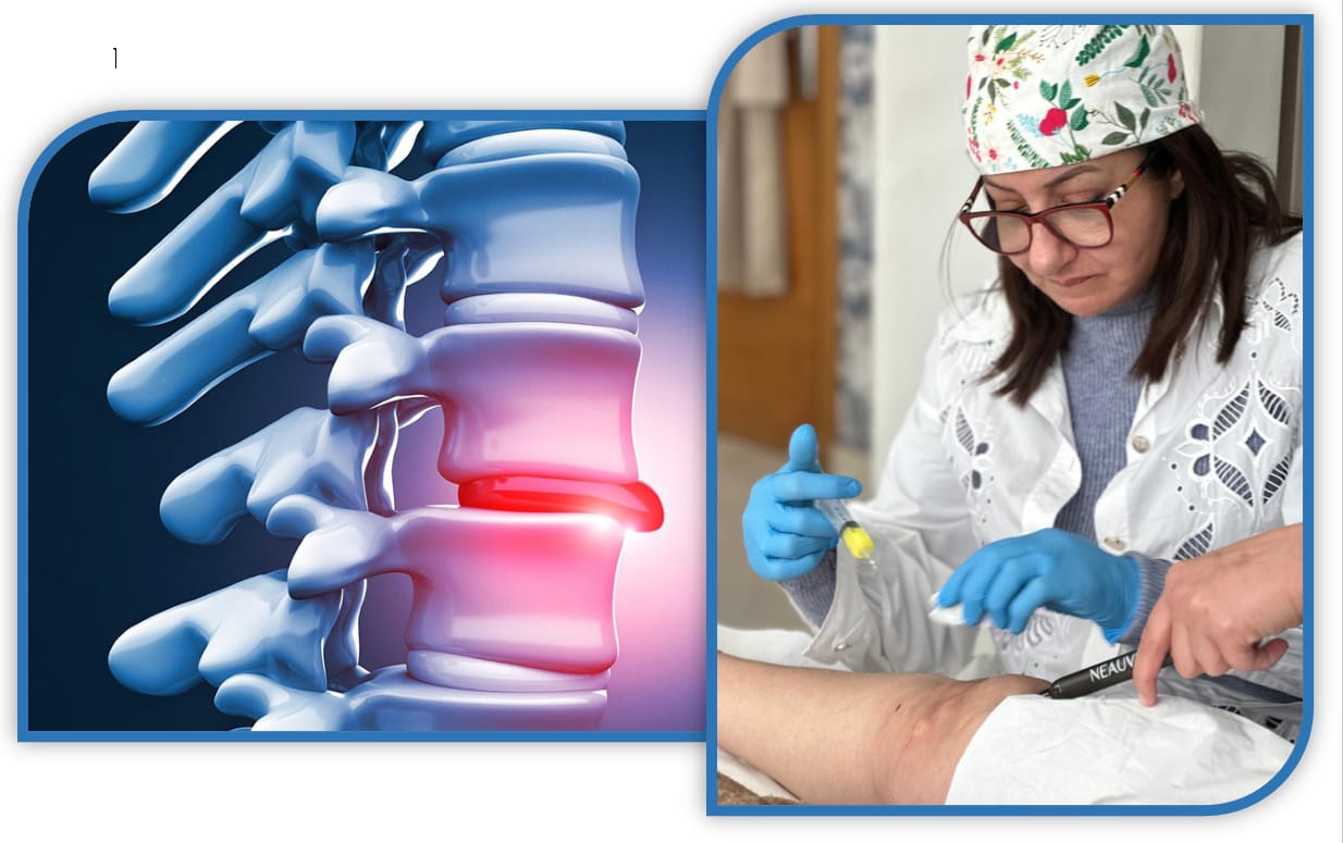 Two-panel image: a blue-toned 3D illustration of the spine with a red highlighted disc, beside a clinician in gloves treating a patient’s arm with a tool or marker.