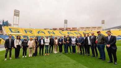 Group of people in business attire posing together on a soccer field inside a stadium, with yellow seats forming a background pattern behind them.