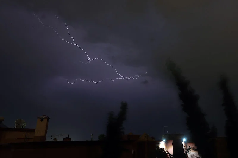 Dark stormy night with a jagged lightning bolt across the cloudy sky over city rooftops and tall trees in the foreground.