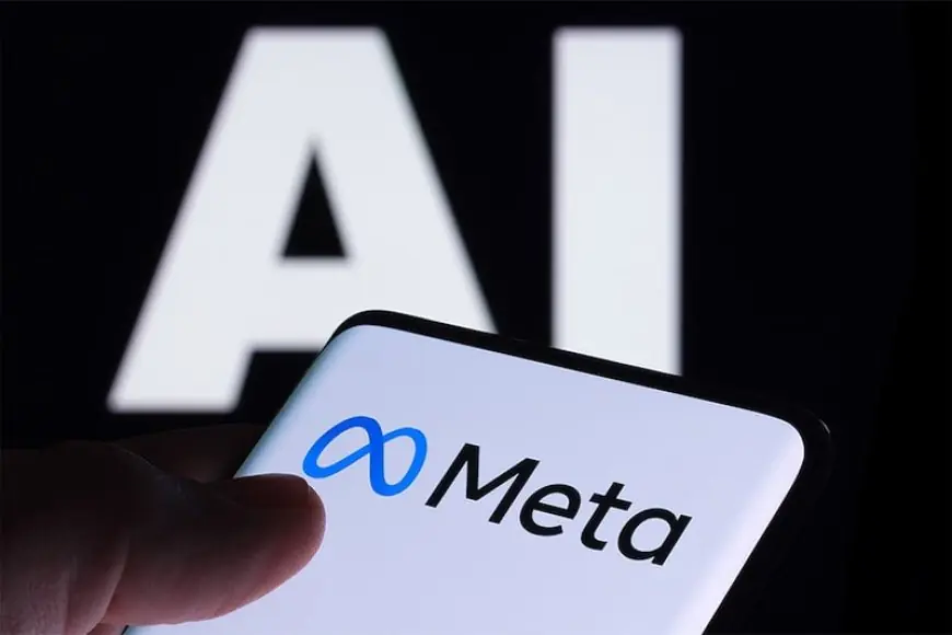 Smartphone showing the Meta logo with large AI letters in the blurred background.