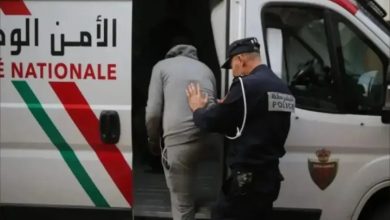 Policeman in uniform guiding a hooded detainee into a white van marked 'Police Nationale' with red and green stripes.