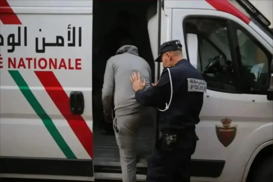 Policeman in uniform guiding a hooded detainee into a white van marked 'Police Nationale' with red and green stripes.