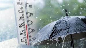 Thermometer beside a black umbrella in heavy snowfall, signaling cold weather.