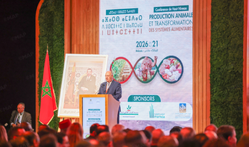 Man giving a speech at a conference podium on a stage, with a Moroccan flag and a large screen displaying event graphics and a framed portrait nearby, audience in foreground.
