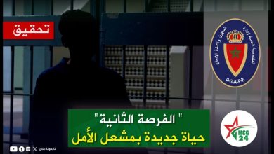Investigative video thumbnail with a silhouette behind prison bars, a red 'تحقيق' label, and a green Arabic title banner about a second chance and new life, with official logos on the right.