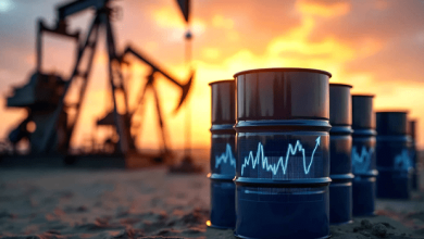 Oil barrels with stock price graphs painted on them in foreground; oil pumps silhouetted at sunset in the background, suggesting oil market activity.