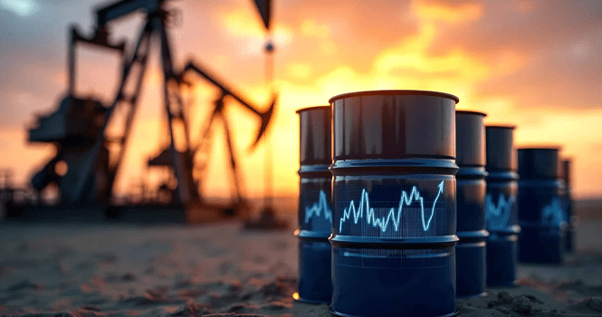Oil barrels with stock price graphs painted on them in foreground; oil pumps silhouetted at sunset in the background, suggesting oil market activity.