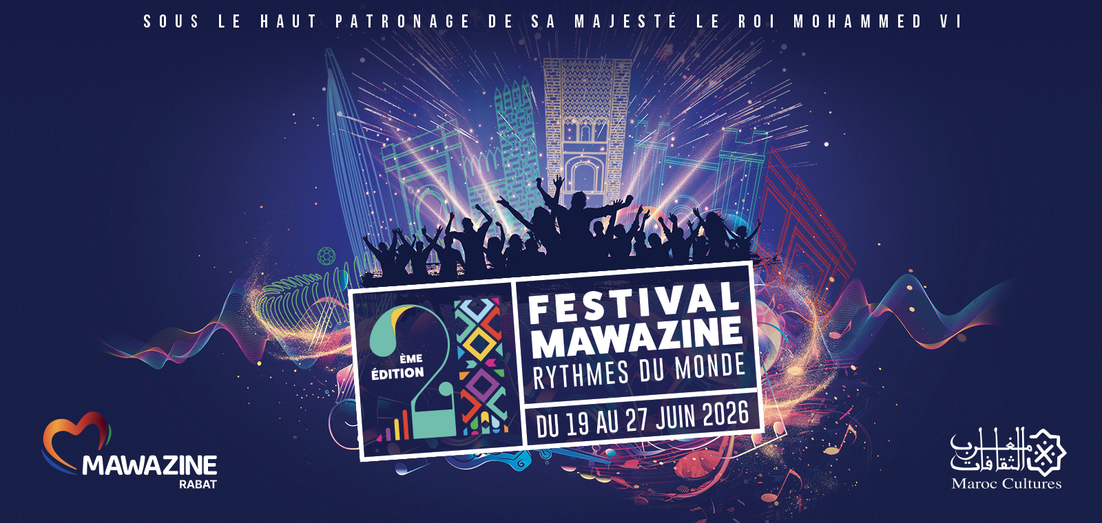 Festival Mawazine poster showing a cheering crowd, neon cityscape, and the dates June 19–27, 2026.