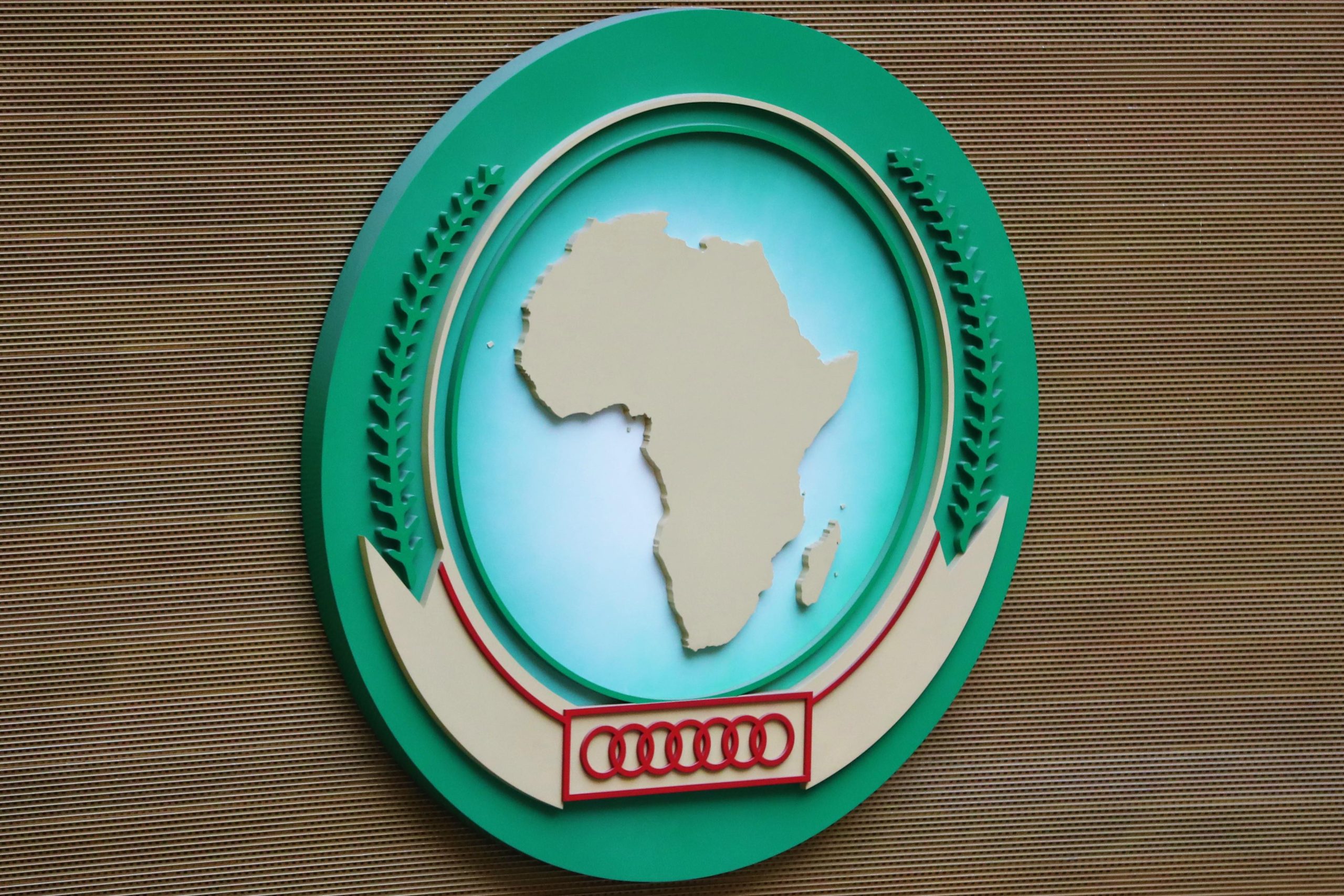 Circular emblem featuring a beige map of Africa within multiple green rings on a light blue backdrop, set against a textured brown background.