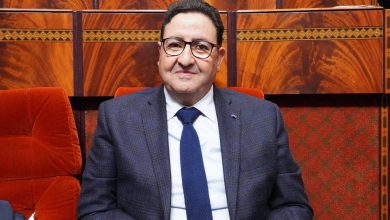 Smiling man in a dark blue checkered blazer, white shirt, and navy tie, seated in a wood-paneled room with red velvet seating and decorative trim behind him.