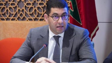 Man in a gray suit and glasses sits at a conference table, speaking into a microphone with a patterned wall and flag in the background.