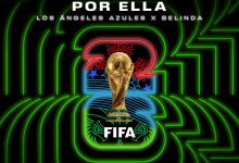 Album cover for 'Por Ella' by Los Ángeles Azules x Belinda, with a neon green maze background and a gold FIFA World Cup trophy centered under bold white title.