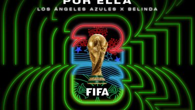 Album cover for 'Por Ella' by Los Ángeles Azules x Belinda, with a neon green maze background and a gold FIFA World Cup trophy centered under bold white title.