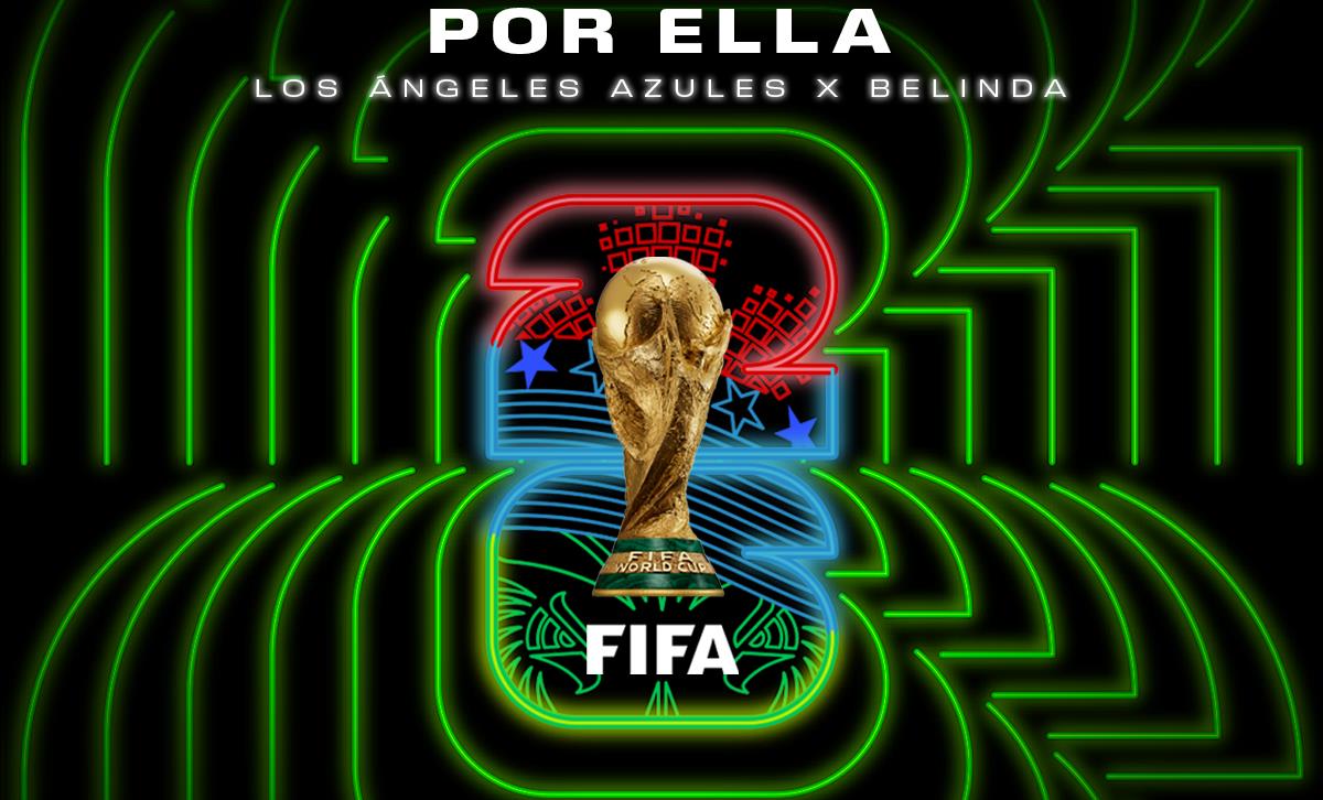 Album cover for 'Por Ella' by Los Ángeles Azules x Belinda, with a neon green maze background and a gold FIFA World Cup trophy centered under bold white title.