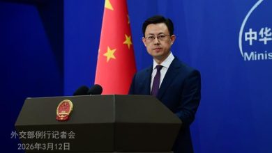 Man in a suit speaks at a podium with microphones during a press briefing, with a Chinese flag and blue Ministry backdrop behind him.